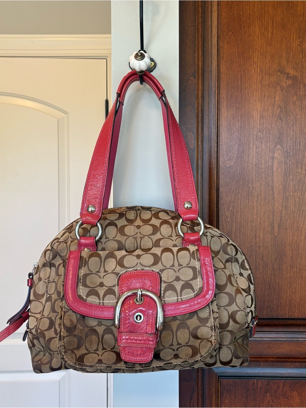 Coach Brown Signature Canvas Satchel with Pink Leather Trim